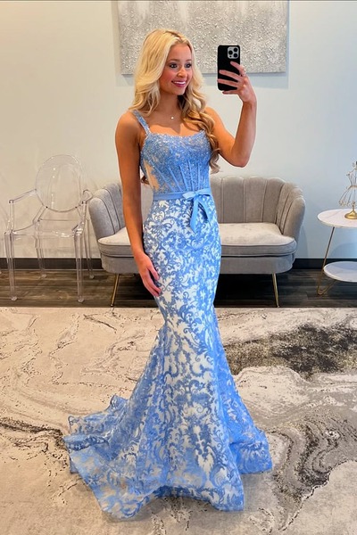 Gorgeous Scoop Neck Blue Lace Mermaid Prom Dress,PD230983