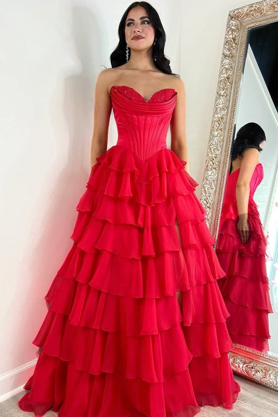 Cute Sweetheart Red Chiffon Tiered A Line Long Prom Dresses with Slit,PD230984