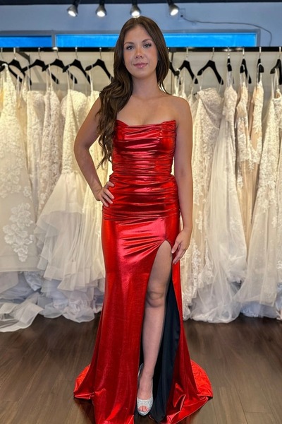 Cute Strapless Red Metallic Satin Long Mermaid Prom Dresses with Slit,PD230985