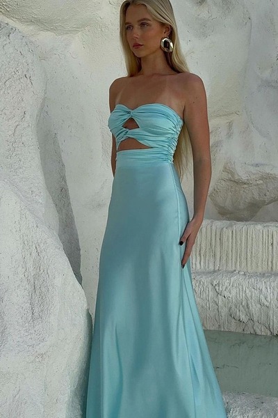 Charming Blue Sheath Strapless Tiffany Aqua Silk Satin Long Prom Dresses,PD230989