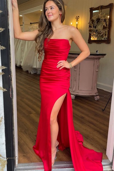 Cute Straps Red Satin Mermaid Prom Dress with Slit ,PD230991