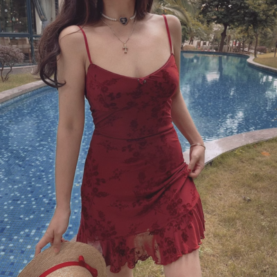 Floral Flocking Print Slim Fit Suspender Dress