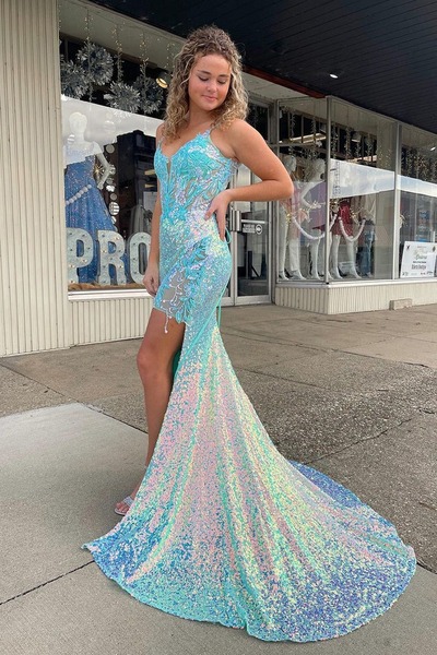 Cute Scoop Neck Sequins Mermaid Prom Dresses with Lace,PD230996