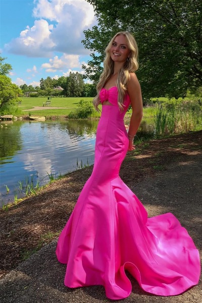 Sweetheart Pink Satin Mermaid Prom Dress with Bow,PD230997