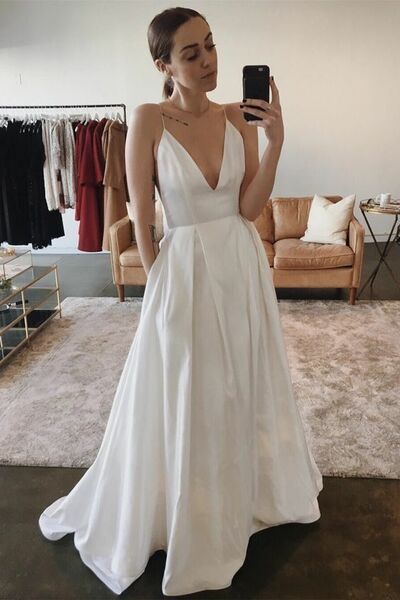 Sexy A-line V-neck Wedding Dress, Satin Wedding Gown Bridal Dress