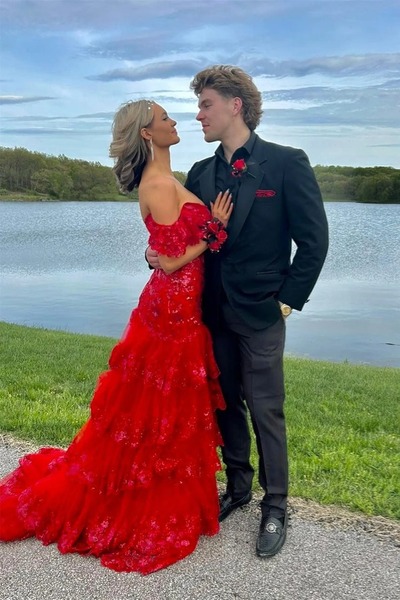 Off the Shoulder Red Lace Sequins Mermaid Prom Dress ,PD231001