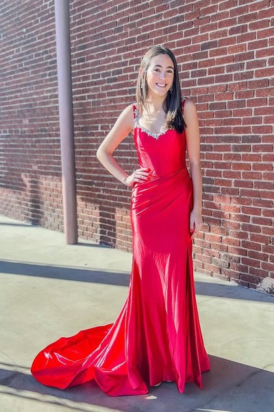 Cute Sweetheart Red Satin Long Mermaid Prom Dress with Beading, PD231009