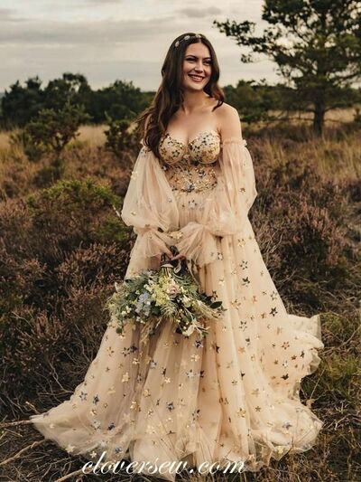 Sexy A-line Wedding Dress, Appliques Tulle Wedding Gown Bridal Dress