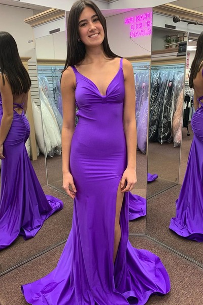 Charming V Neck Purple Satin Long Mermaid Prom Dress with Slit , PD231012