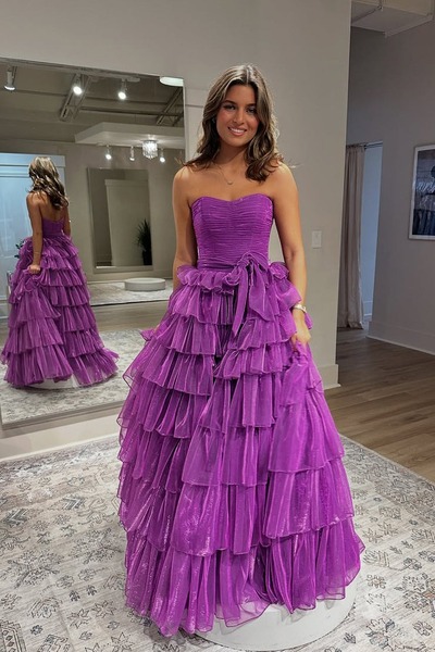 Cute Purple Ball Gown Strapless Long Tiered Prom Dress, PD231016