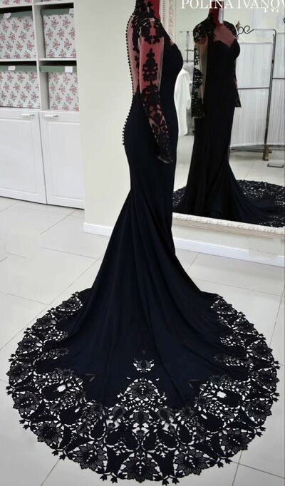 Elegant Mother of the Bride/Groom Dress Black Long Sleeve Lace Evening Formal Prom Dress