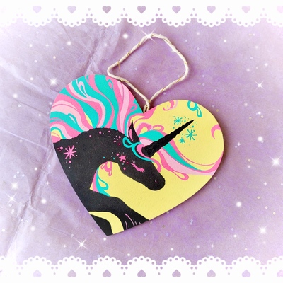 4 x 4.5 black unicorn - heart shaped painting