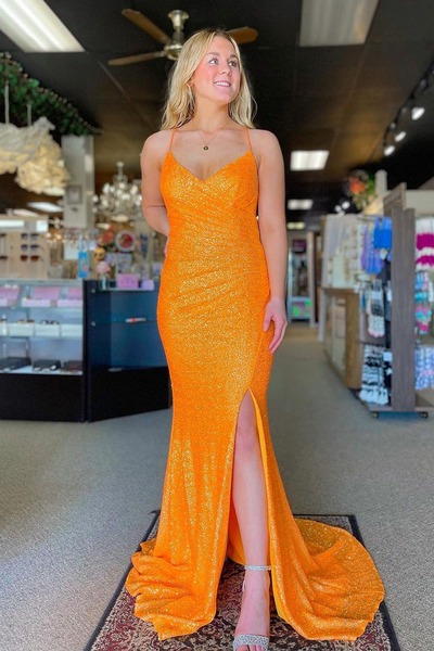 Orange Mermaid V Neck Sequins Long Prom Dress, PD231026