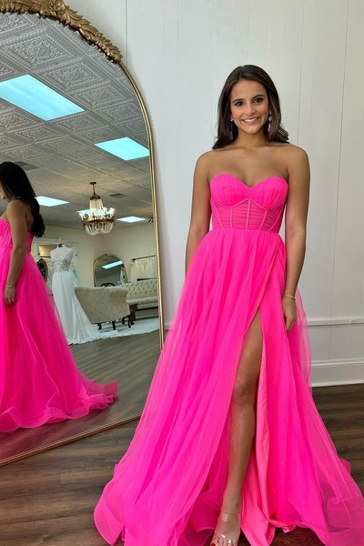 Cute Hot Pink A Line Sweetheart Tulle Long Prom Dress with Slit, PD231029