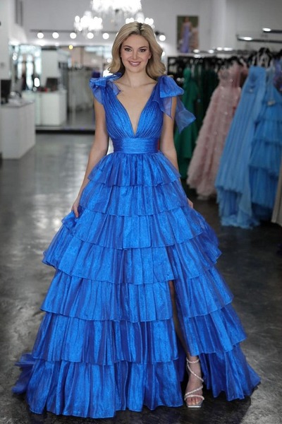 A Line Royal Blue V Neck Tiered Satin Long Prom Dresses , PD231035
