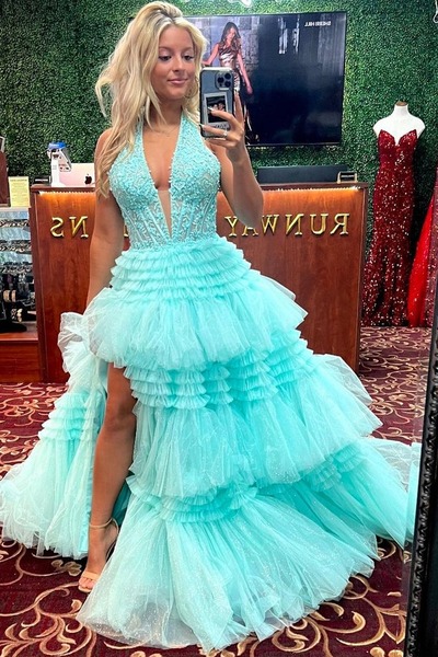 Halter Ruffle Tiered Long Prom Dress, Ball Gown ,PD231037