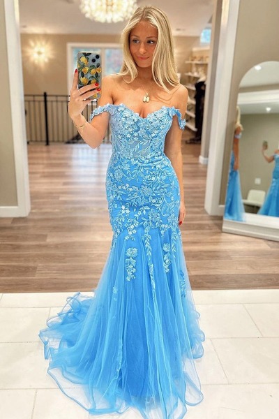 Cute Sweetheart Blue Lace Long Mermaid Prom Dress with Appliques,PD231047