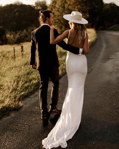 Sexy Sheath Wedding Dress, Deep V-neck Open Back Bridal Dress Wedding Gown