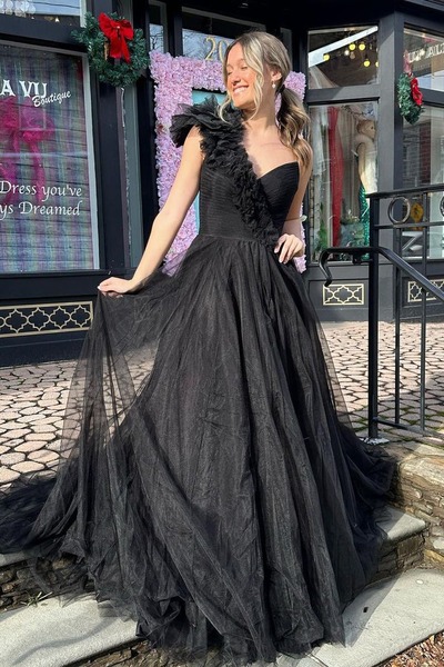 Cute Black Ball Gown One Shoulder Tulle Long Prom Dress ,PD231049
