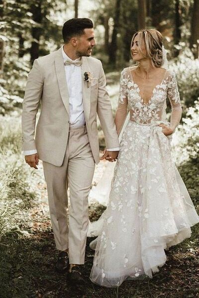Sexy A-line Flowers Appliques Wedding Dress, Deep V-neck Tulle Bridal Dress Wedding Gown
