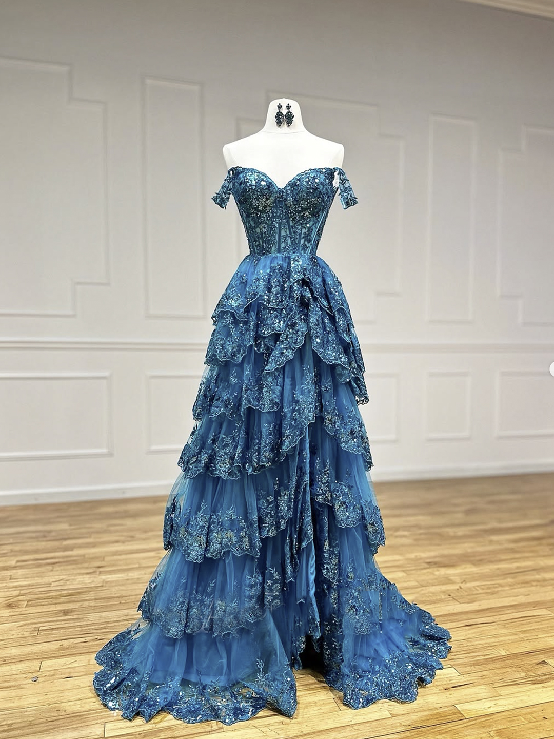 Blue Lace Sequins Layered Long Prom Dresses, Off the Shoulder Evening Party Dress