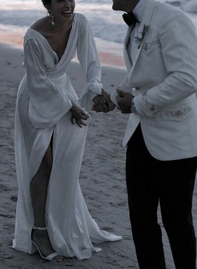 Sexy A-line Deep V-neck Wedding Dress, Satin Bridal Dress Wedding Gown