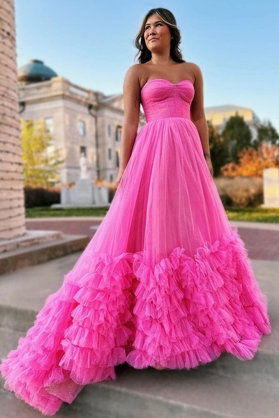 Cute Pink A Line Strapless Tulle Tiered Prom Dress ,PD231061
