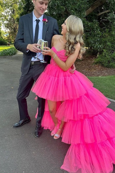 Cute Hot Pink Ball Gown High Low Sweetheart Tulle Long Prom Dress,PD231064