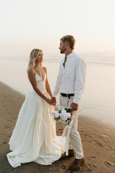 Sexy A-line Deep V-neck Wedding Dress, Satin Bridal Dress Wedding Gown