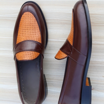 Crafted leather classic men brown grain leather moccasin loafers dress shoes - Thumbnail 5