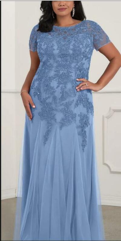 Elegant Mother of the Bride/Groom Dress Blue Lace Appliques Evening Formal Prom Dress