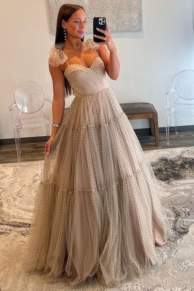 Cute Champagne Ball Gown Sweetheart Tulle Black Dot Long Prom Dresses,PD231077