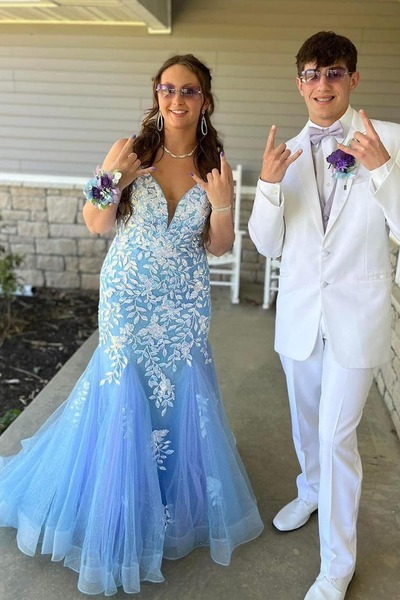 Cute V Neck Light Blue Sequins Long Mermaid Prom Dresses ,PD231079