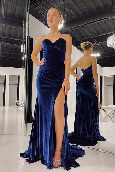 Charming Sweetheart Navy Velvet Long Mermaid Prom Dresses with Slit,PD231082