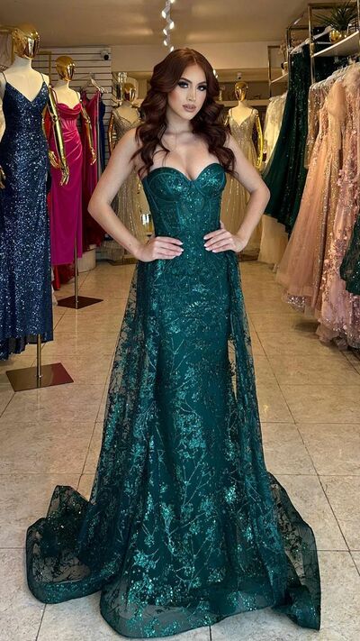 Dark Green Sheath Sequins Prom Dress Floral Evening Dresses