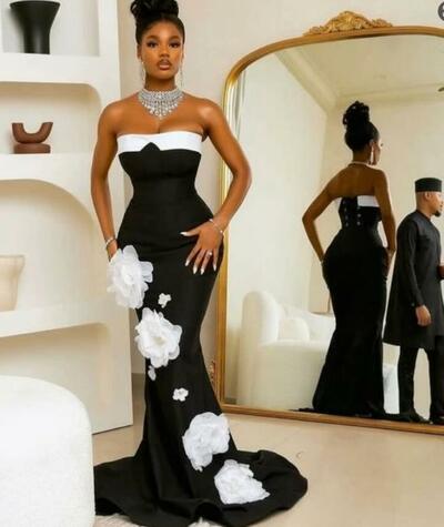 Black and White Mermaid African Girls Prom Dress Floral Evening Dresses