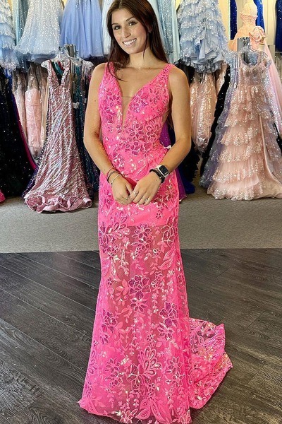 Sparkly V Neck Pink Sequins Lace Long Mermaid Prom Dresses ,PD231095