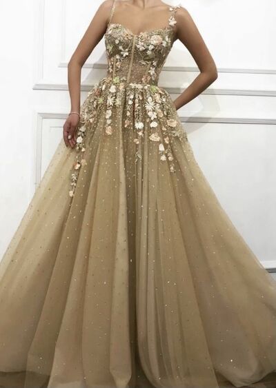 Simple Ball Gown Lace Appliques Prom Dress Floral Evening Dresses