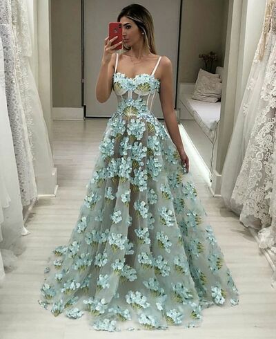 Blue Ball Gown Lace Appliques Prom Dress Floral Evening Dresses