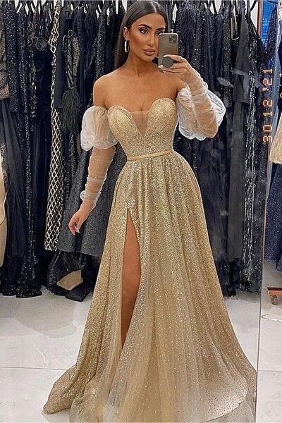 Golden Sequins Lace Prom Dress Floral Evening Dresses