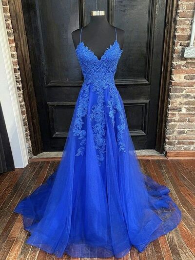 Royal Blue Lace Appliques Prom Dress Floral Evening Dresses