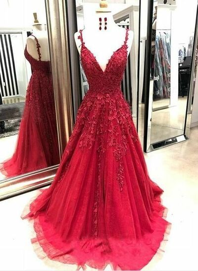 Red Ball Gown Lace Appliques Prom Dress Floral Evening Dresses