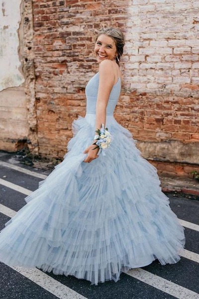 Beautiful Sky Blue A-Line V Neck Tulle Long Prom Dresses ,PD231105
