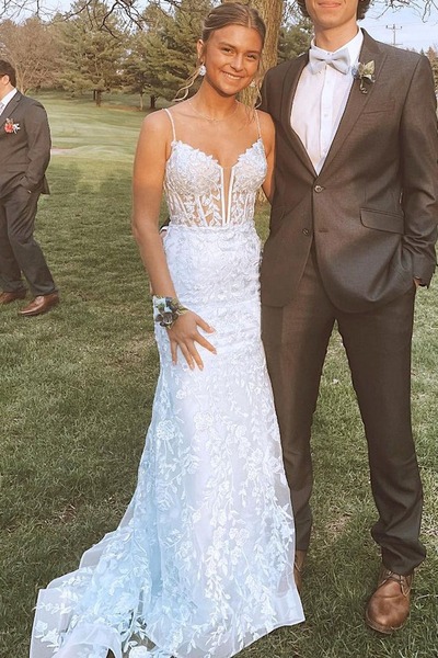 Gorgeous Spaghetti Straps White Lace Long Mermaid Prom Dresses ,PD231106