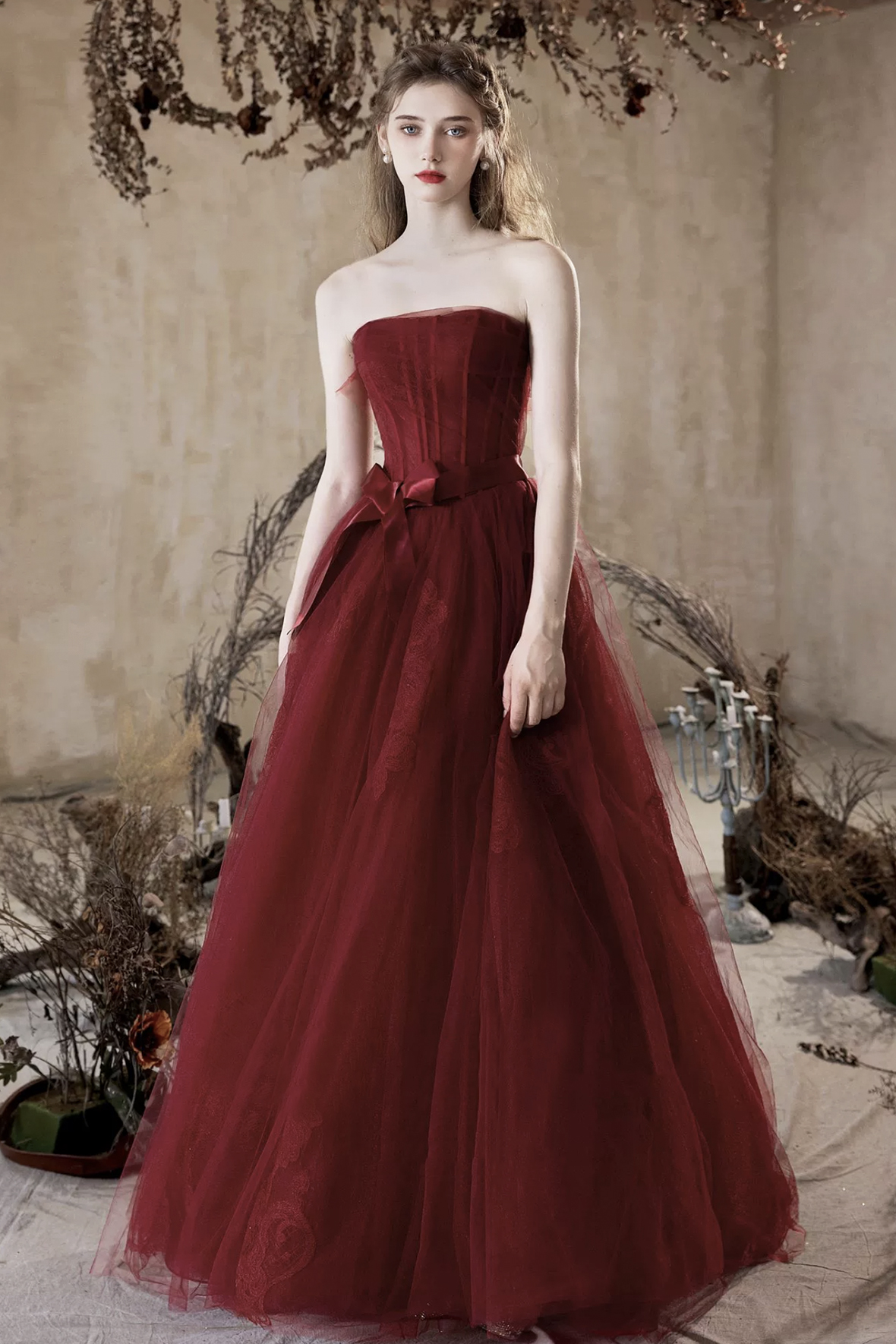 Burgundy Strapless Tulle Long Prom Dress, Beautiful Eevening Party Dress