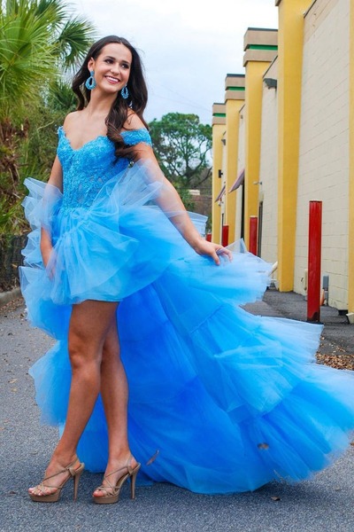 Stunning Blue Off the Shoulder Tulle High Low Long Prom Dresses ,PD231108