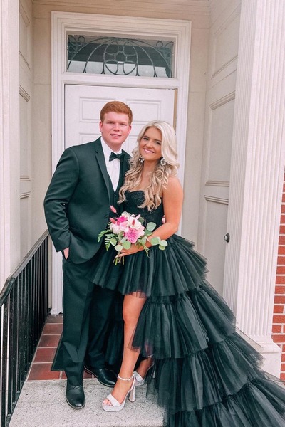 Cute Black Hight-Low Sweetheart Tulle Long Prom Dresses with Lace ,PD231112