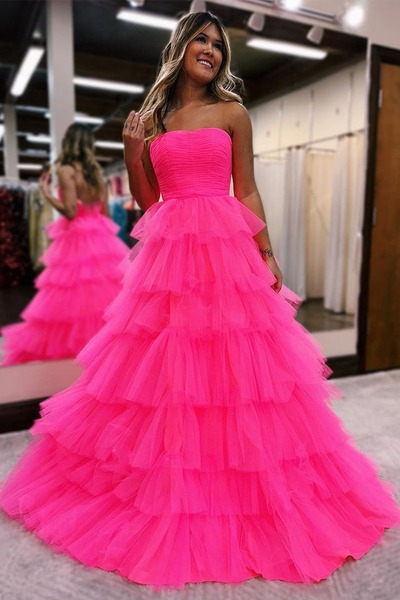 Cute Hot Pink Tulle Strapless Long Prom Dresses ,PD231119