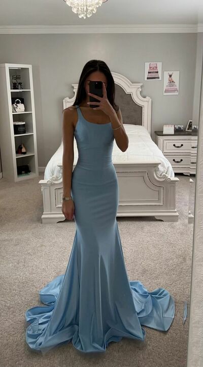 Simple Blue Sheath Prom Dress Formal Evening Dresses