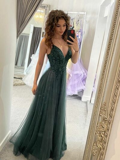 Sexy Dark Green A Line Beading Crystals Prom Dress Formal Evening Dresses